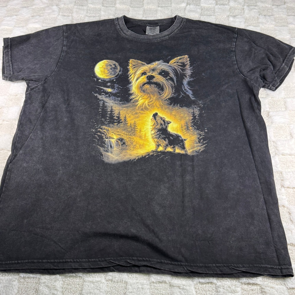 Comfort Colors Yorkie Howling at Moon Graphic T-Shirt XL Black Garment Dye Dog